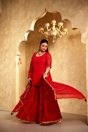 Saqi Red Georgette Embroidered Sharara Set With Dupatta - view 3