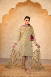 Parvez Green Hand Block Print Gota Work Kurta Set With Organza Dupatta - Deedar-e-Mehfil collection by Gulabo Jaipur