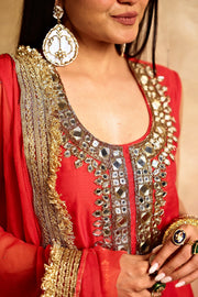 Mikka Red Sleeveless Chanderi Mirror Work Kurta Set With Chiffon Dupatta - view 6