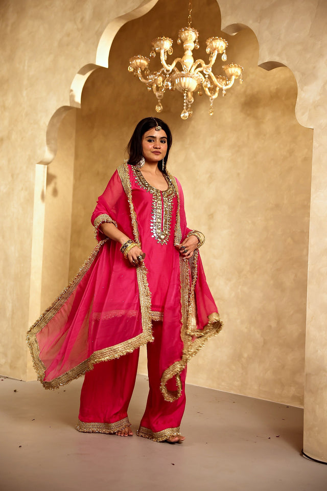 Mikka Pink Sleeveless Chanderi Mirror Work Kurta Set With Chiffon Dupatta - Deedar-e-Mehfil collection by Gulabo Jaipur