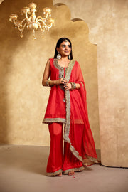 Mikka Red Sleeveless Chanderi Mirror Work Kurta Set With Chiffon Dupatta - view 3