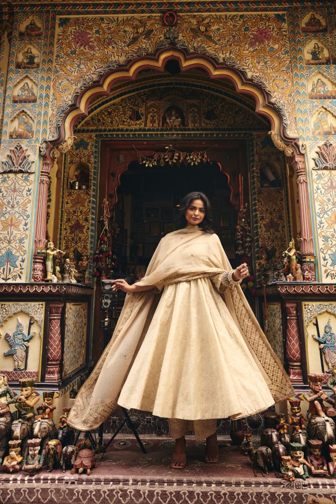 Zeenat White Golden Anarkali Set Gulabo Jaipur