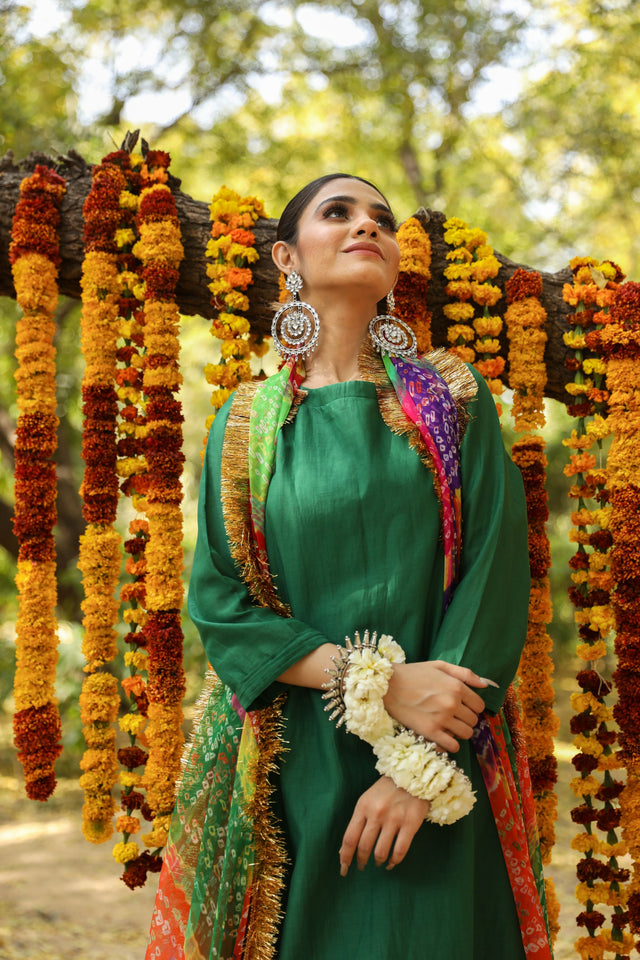 Hema Green Silk Straight Set With Leheriya Dupatta