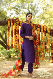 Hema Purple Silk Straight Set With Leheriya Dupatta 2