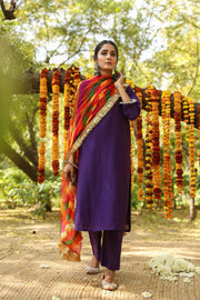 Hema Purple Silk Straight Set With Leheriya Dupatta 3