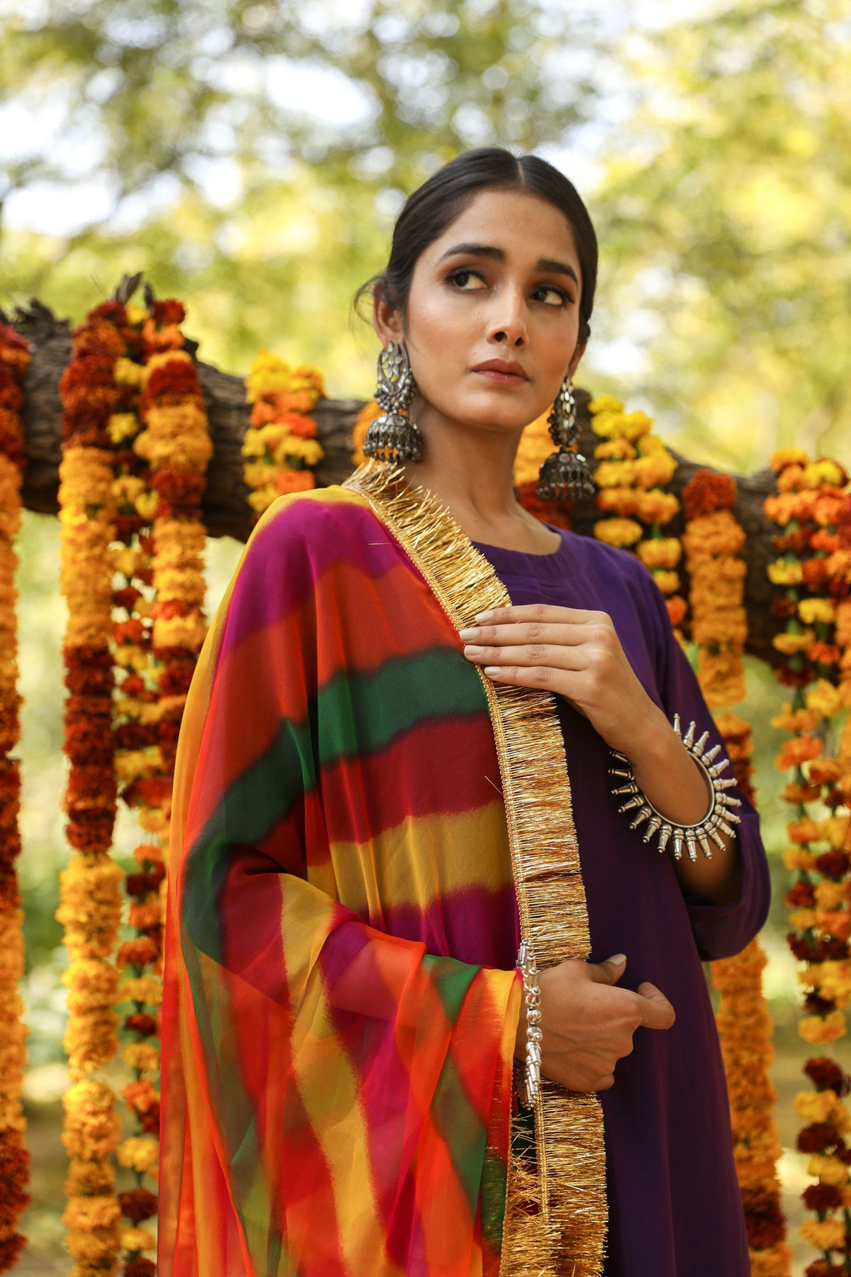 Hema Purple Silk Straight Set With Leheriya Dupatta