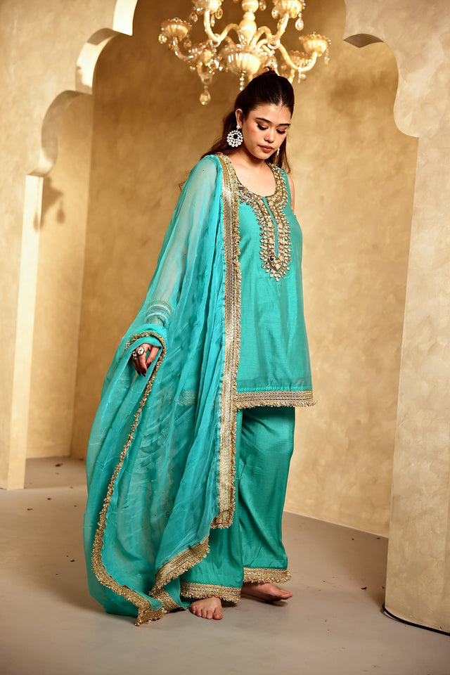 Mikka Green Sleeveless Chanderi Mirror Work Kurta Set With Chiffon Dupatta - Deedar-e-Mehfil collection by Gulabo Jaipur