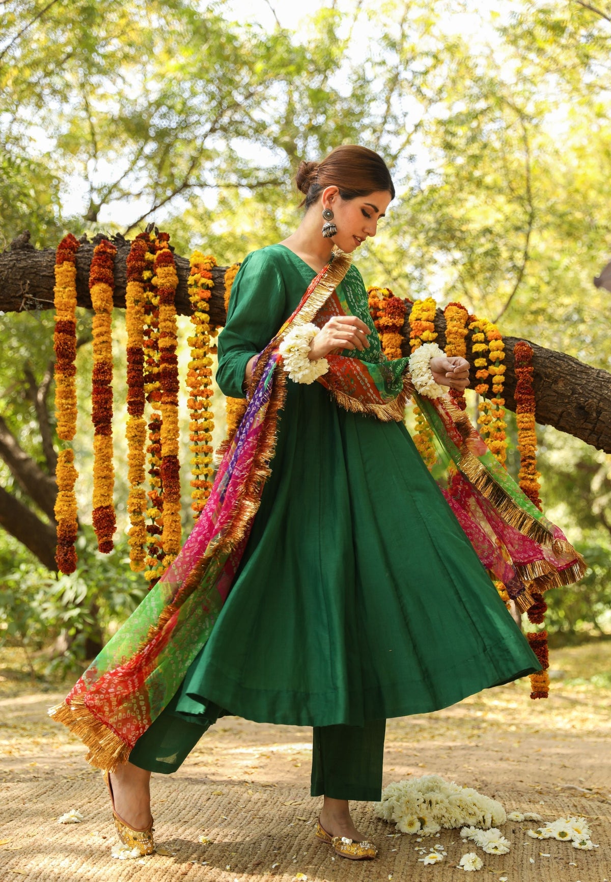 Hema Green Silk Anarkali Set With Leheriya Dupatta
