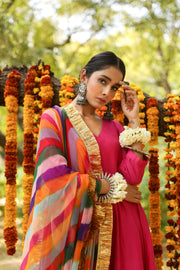 Hema Pink Silk Anarkali Set With Leheriya Dupatta 2