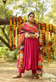 Hema Pink Silk Anarkali Set With Leheriya Dupatta 3