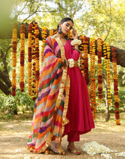 Hema Pink Silk Anarkali Set With Leheriya Dupatta 7