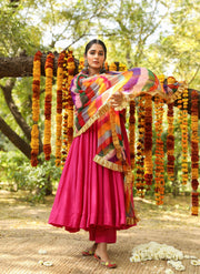 Hema Pink Silk Anarkali Set With Leheriya Dupatta 4
