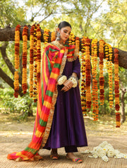 Hema Purple Silk Anarkali Set With Leheriya Dupatta 5