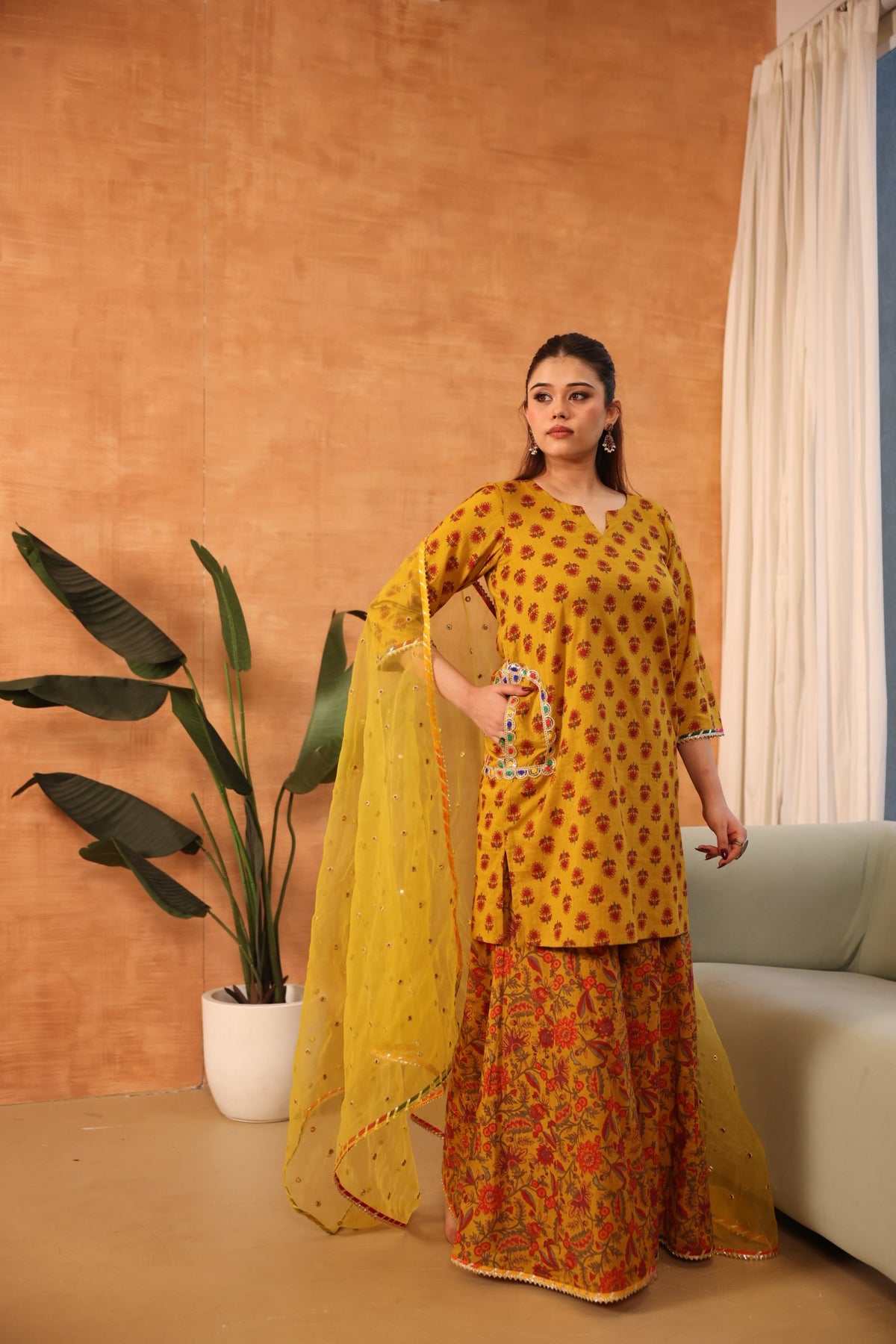 Dipti Mustard Kalidar Sharara Set With Embroidered Organza Dupatta - Deedar-e-Mehfil collection by Gulabo Jaipur