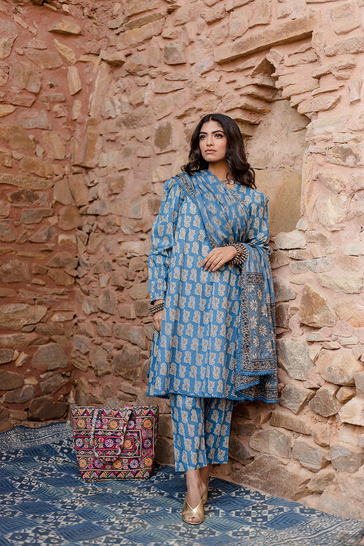 Kayal Blue Kurta Set With Voil Dupatta