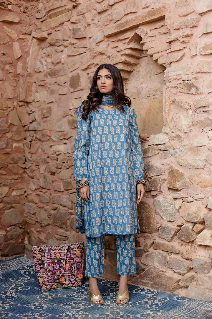 Kayal Blue Kurta Set With Voil Dupatta
