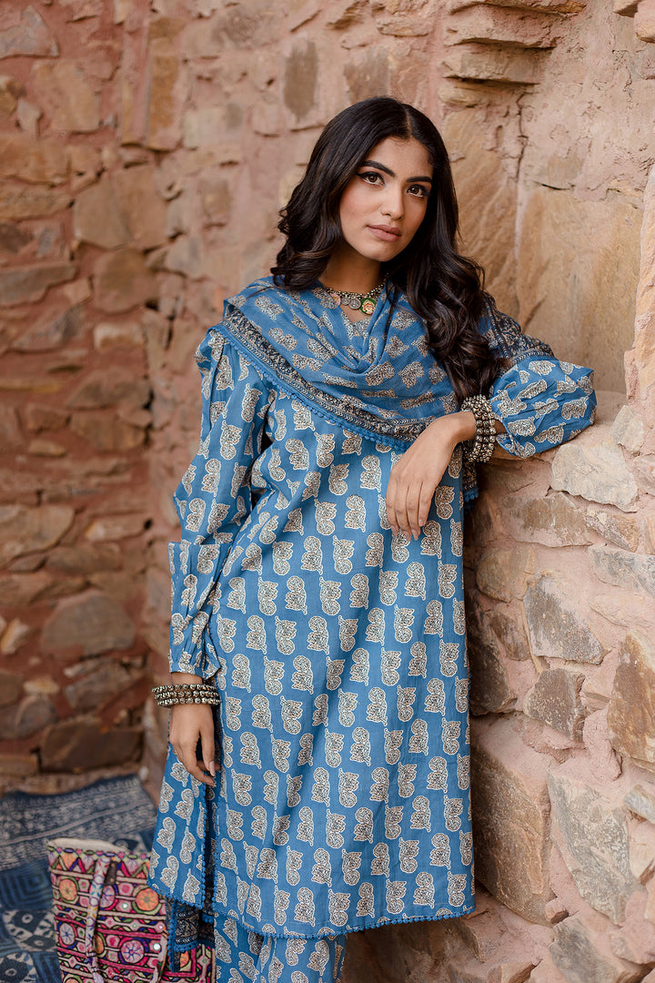 Kayal Blue Kurta Set With Voil Dupatta