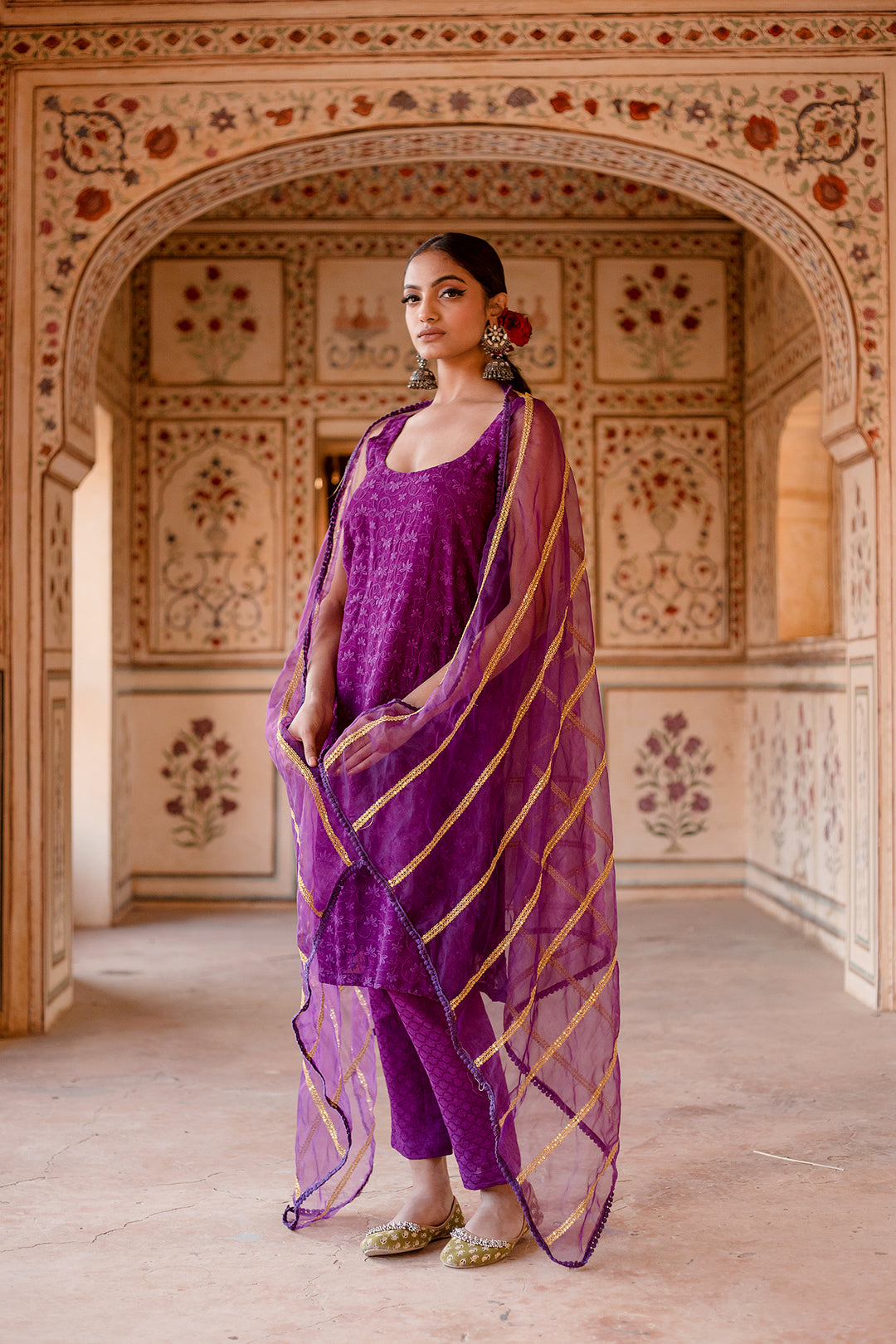 Imrat Cut Sleeves Purple Straight Set