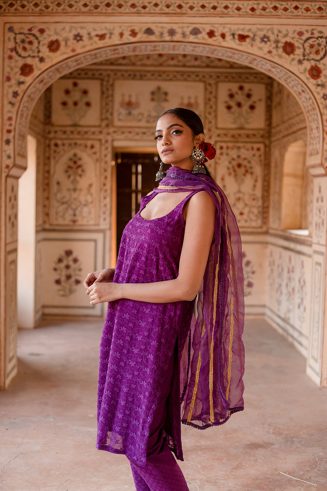 Imrat Cut Sleeves Purple Straight Set