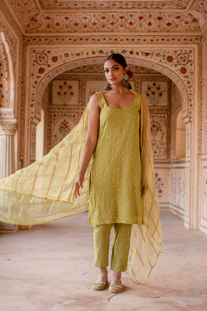 Imrat Cut Sleeves Green Straight Set