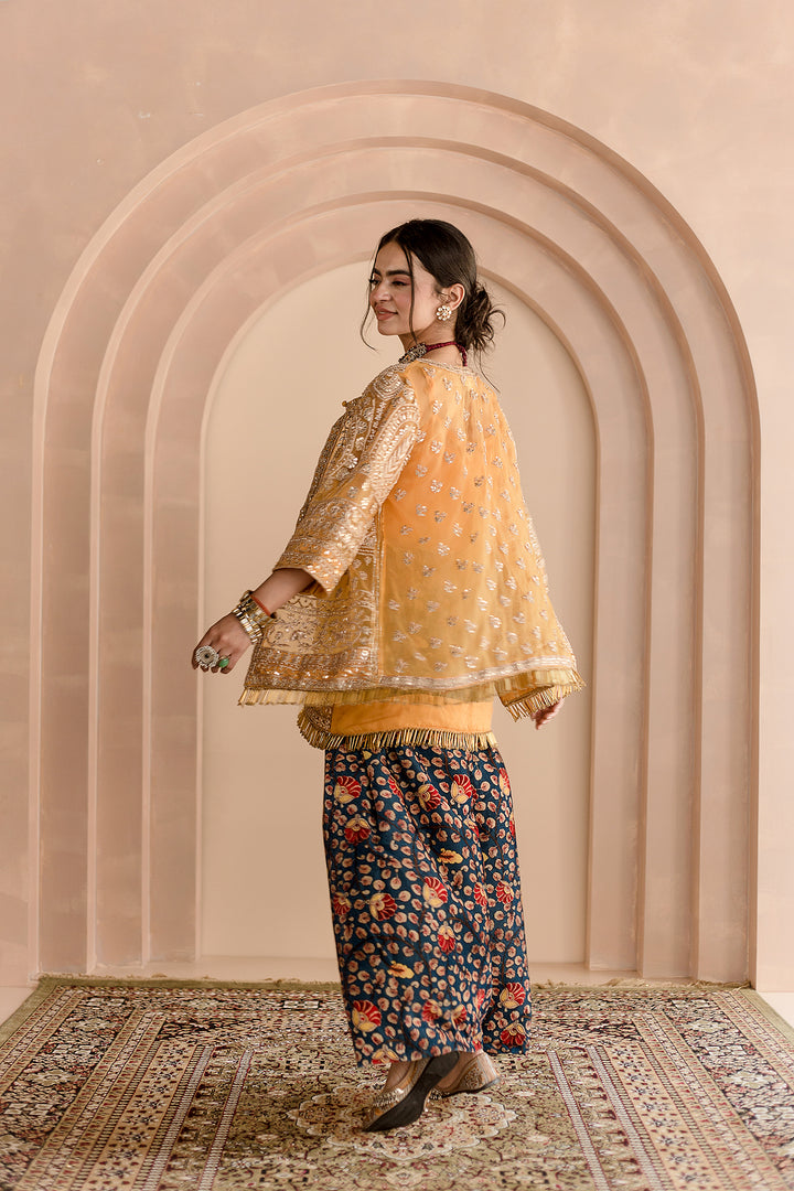 VELVET SHARARA ORGANZA ZARDOZI JACKET SHEETAL YELLOW SET