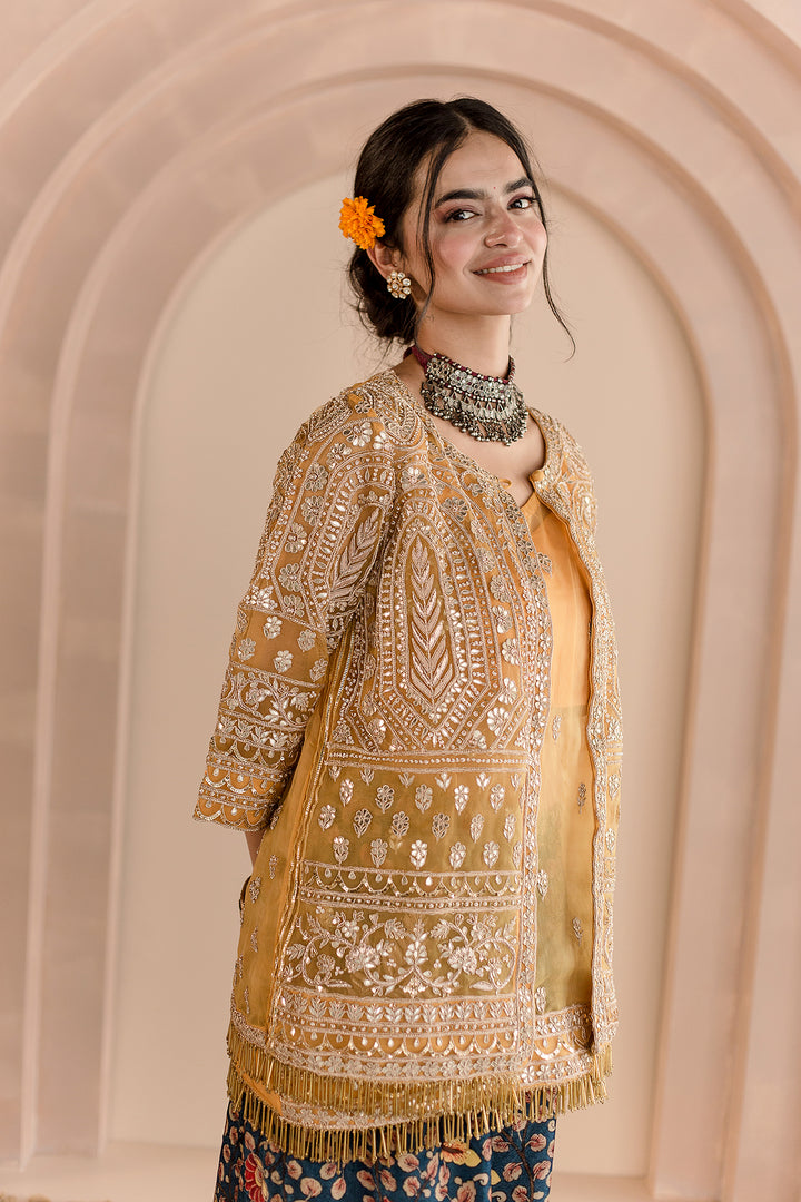 VELVET SHARARA ORGANZA ZARDOZI JACKET SHEETAL YELLOW SET