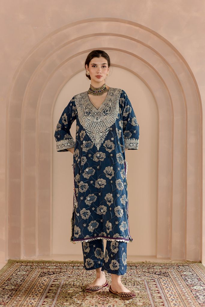 NEELA SILVER ZARDOZI INDIGO KAFTAN SET