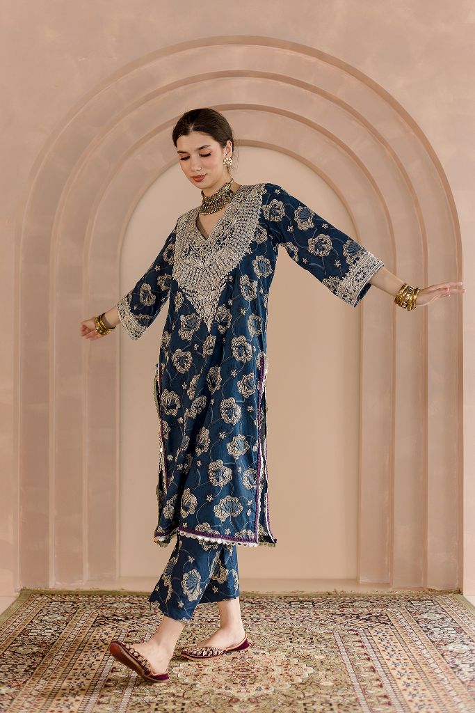 NEELA SILVER ZARDOZI INDIGO KAFTAN SET