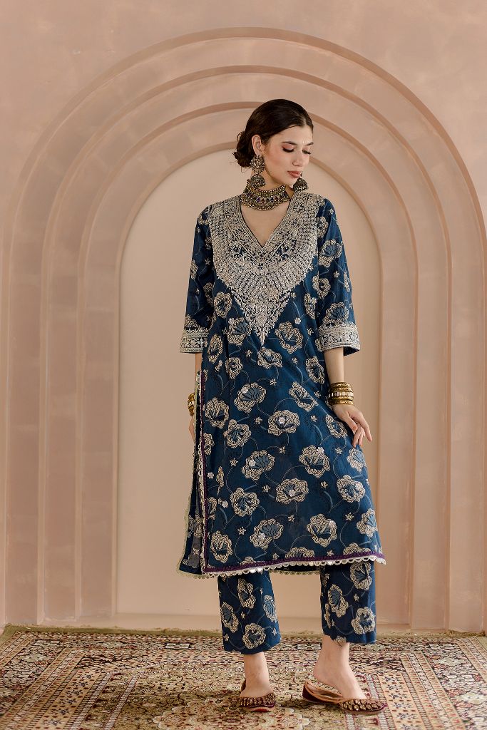 NEELA SILVER ZARDOZI INDIGO KAFTAN SET
