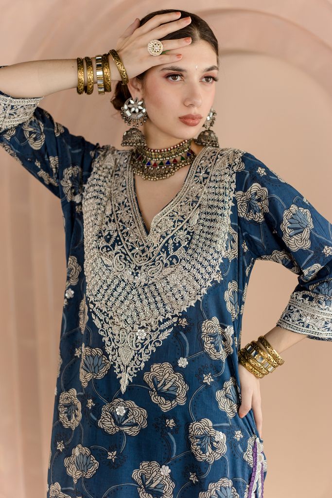 NEELA SILVER ZARDOZI INDIGO KAFTAN SET