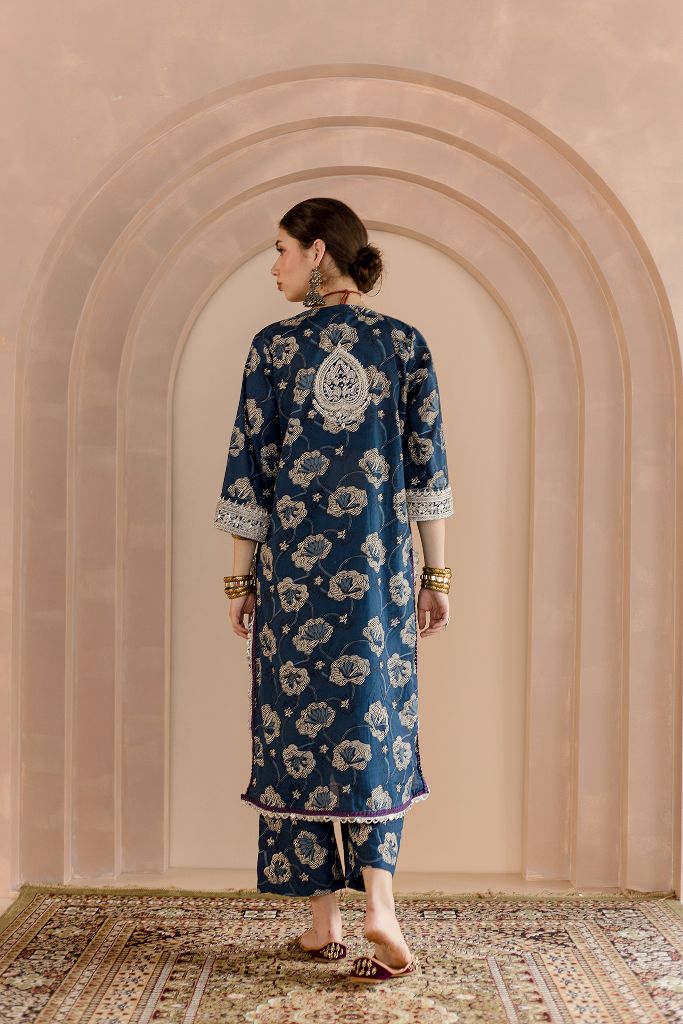 NEELA SILVER ZARDOZI INDIGO KAFTAN SET