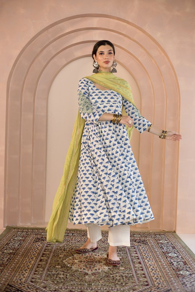 Shubha White Anarkali Set