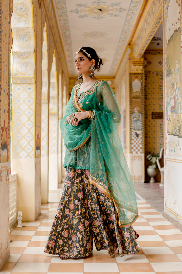 Organza Zardozi Kurta Atefa Cotton Printed Sharara Set With Organza Dupatta