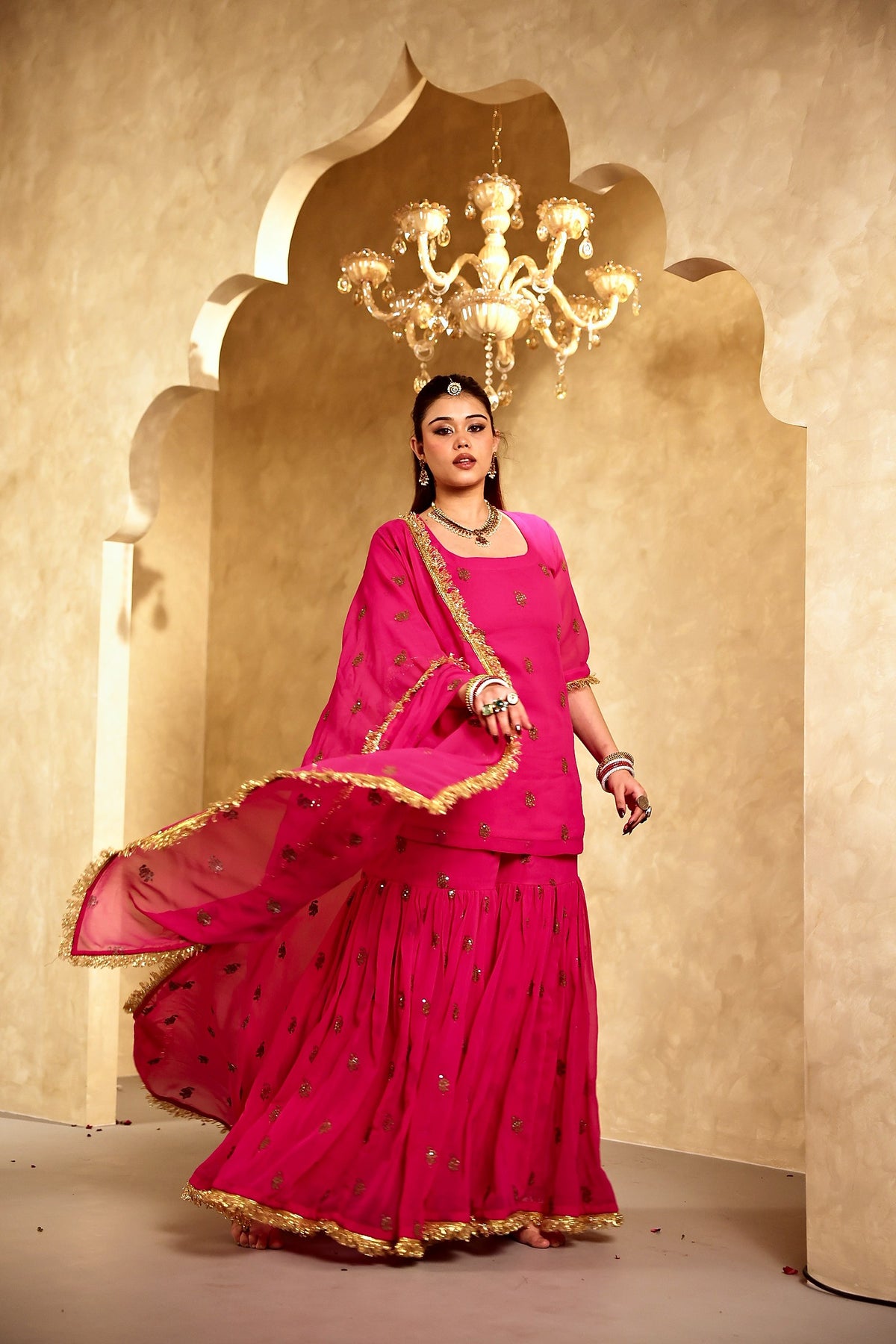 Saqi Pink Georgette Embroidered Sharara Set With Dupatta - Deedar-e-Mehfil collection by Gulabo Jaipur