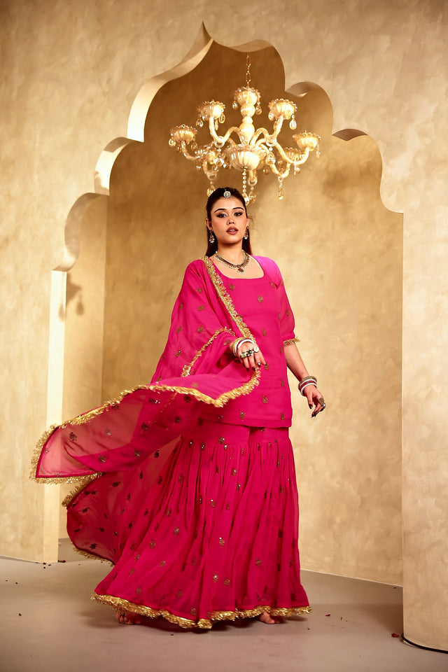 Saqi Pink Georgette Embroidered Sharara Set With Dupatta - Deedar-e-Mehfil collection by Gulabo Jaipur