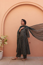 Bagru Green Anarkali Set 2