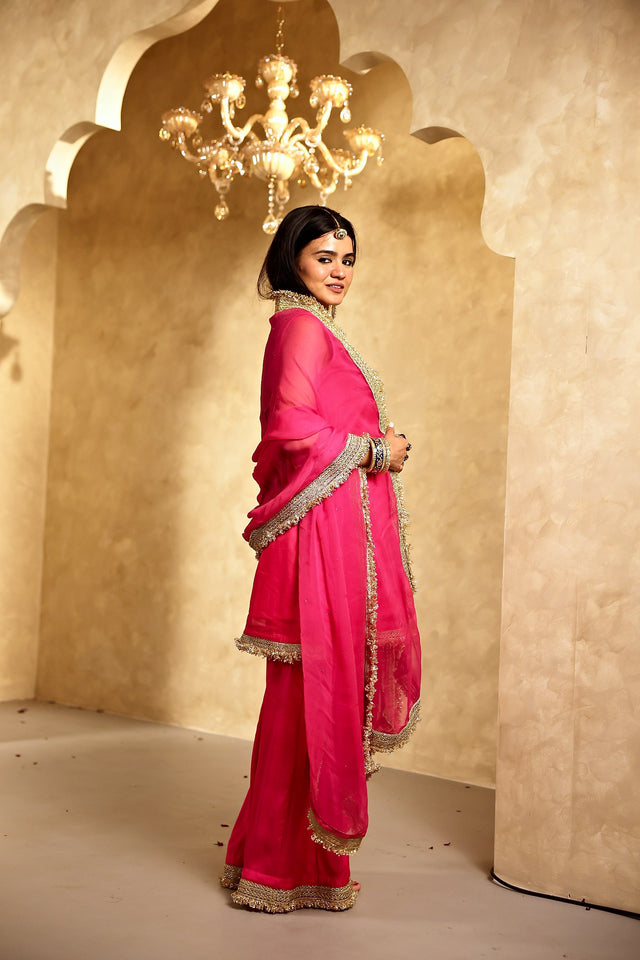 Mikka Pink Sleeveless Chanderi Mirror Work Kurta Set With Chiffon Dupatta - view 2