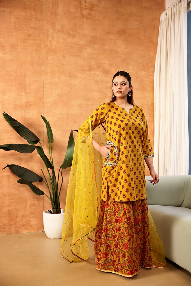 Dipti Mustard Kalidar Sharara Set With Embroidered Organza Dupatta - Deedar-e-Mehfil collection by Gulabo Jaipur