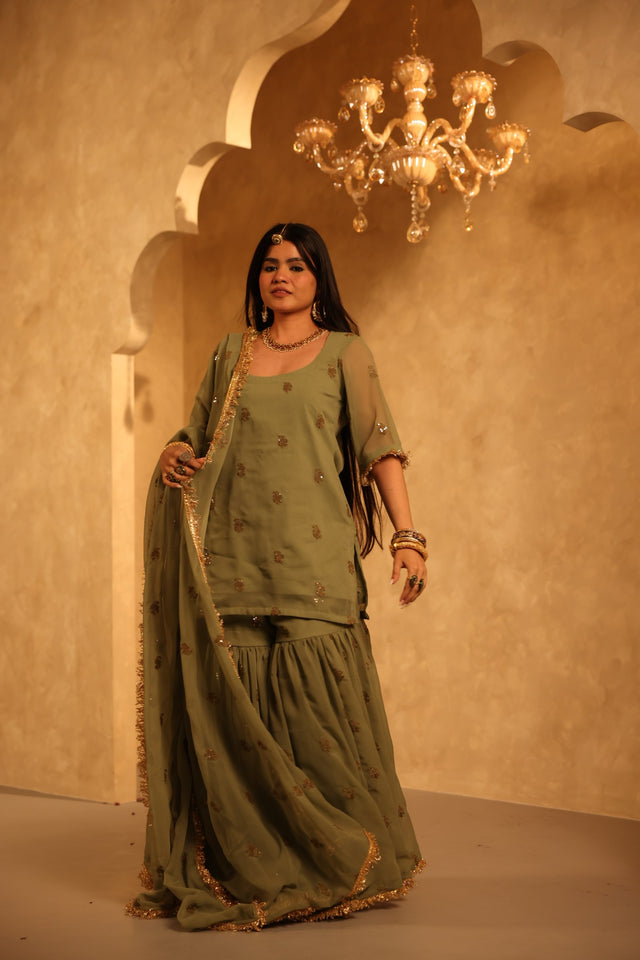 Saqi Olive Georgette Embroidered Sharara Set With Dupatta - view 2