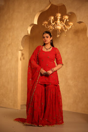 Saqi Red Georgette Embroidered Sharara Set With Dupatta - Deedar-e-Mehfil collection by Gulabo Jaipur