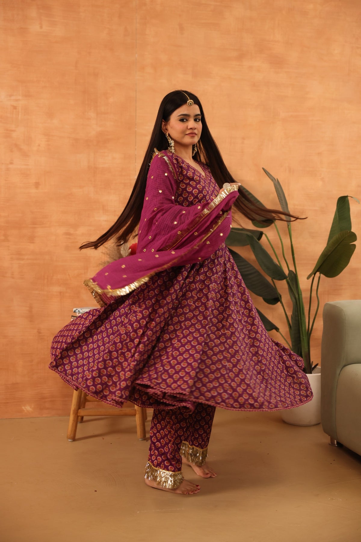 Disha Purple Hand Block Print Anarkali Set With Doriya Dupatta - Deedar-e-Mehfil collection by Gulabo Jaipur