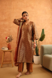 Abeer Brown Brocade Kiran Lace Straight Kurta Set With Organza Dupatta - Deedar-e-Mehfil collection by Gulabo Jaipur