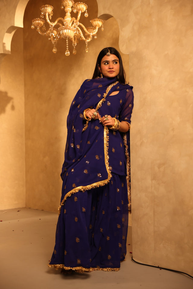 Saqi Electric Blue Georgette Embroidered Sharara Set With Dupatta - Deedar-e-Mehfil collection by Gulabo Jaipur