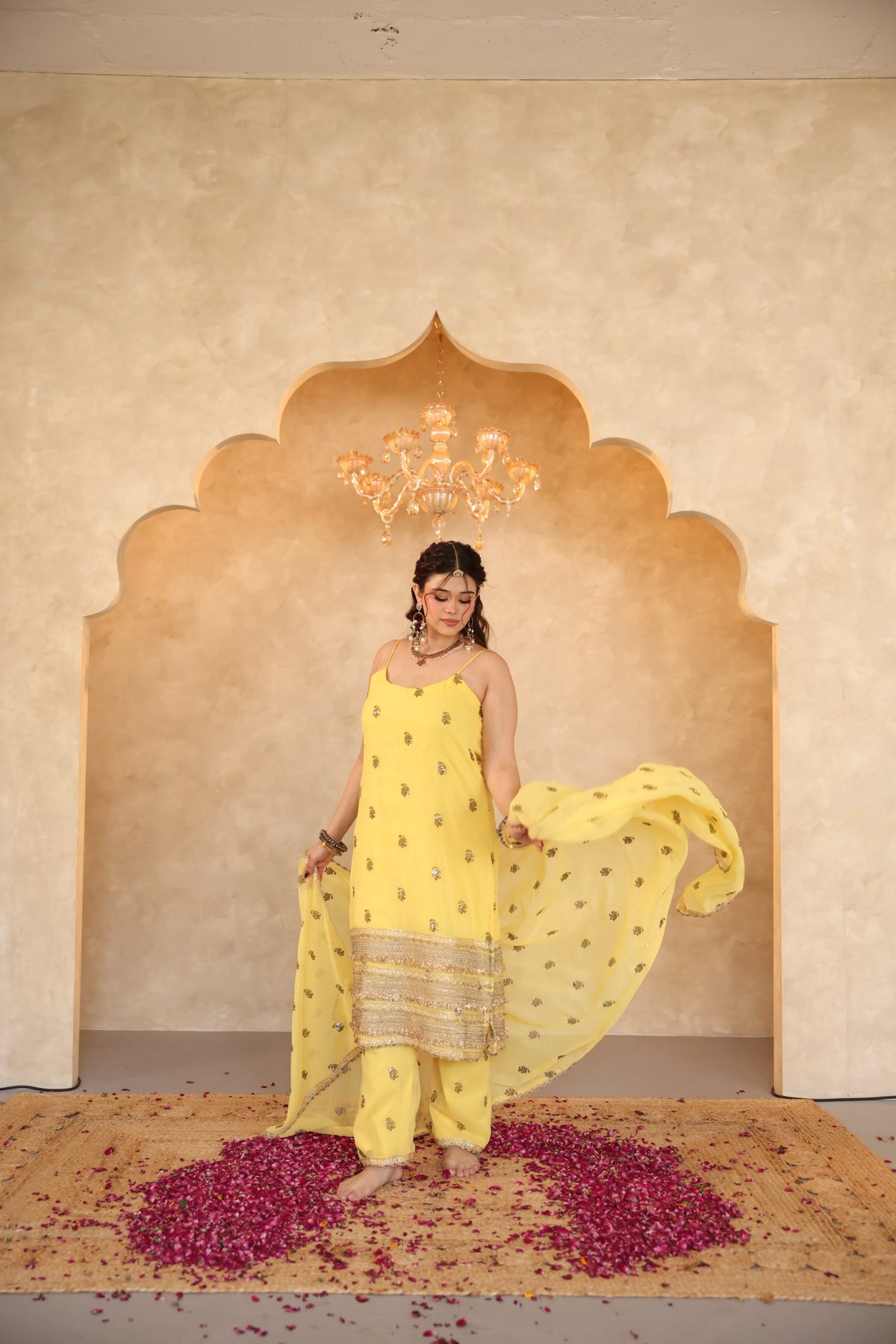 Hunar Yellow Gota Lace Georgette Straight Kurta Set With Dupatta - Deedar-e-Mehfil collection by Gulabo Jaipur