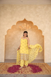 Hunar Yellow Gota Lace Georgette Straight Kurta Set With Dupatta - Deedar-e-Mehfil collection by Gulabo Jaipur