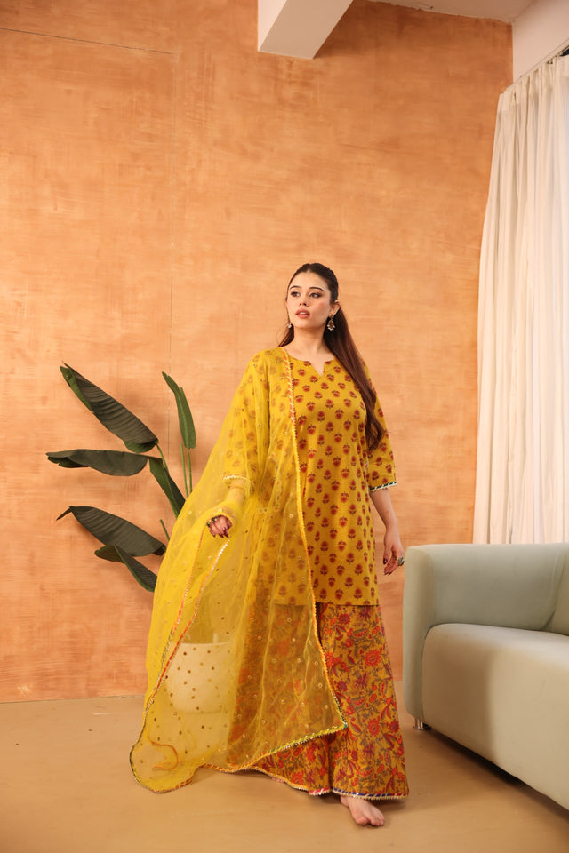 Dipti Mustard Kalidar Sharara Set With Embroidered Organza Dupatta - view 2