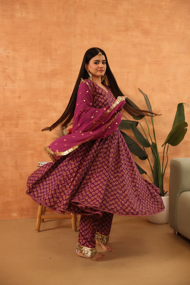 Disha Purple Hand Block Print Anarkali Set With Doriya Dupatta - Deedar-e-Mehfil collection by Gulabo Jaipur