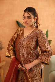 Abeer Brown Brocade Kiran Lace Straight Kurta Set With Organza Dupatta - view 4