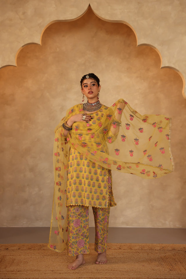Parvez Yellow Hand Block Print Gota Work Kurta Set With Organza Dupatta - view 2