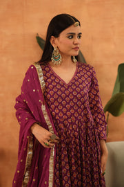 Disha Purple Hand Block Print Anarkali Set With Doriya Dupatta - view 4